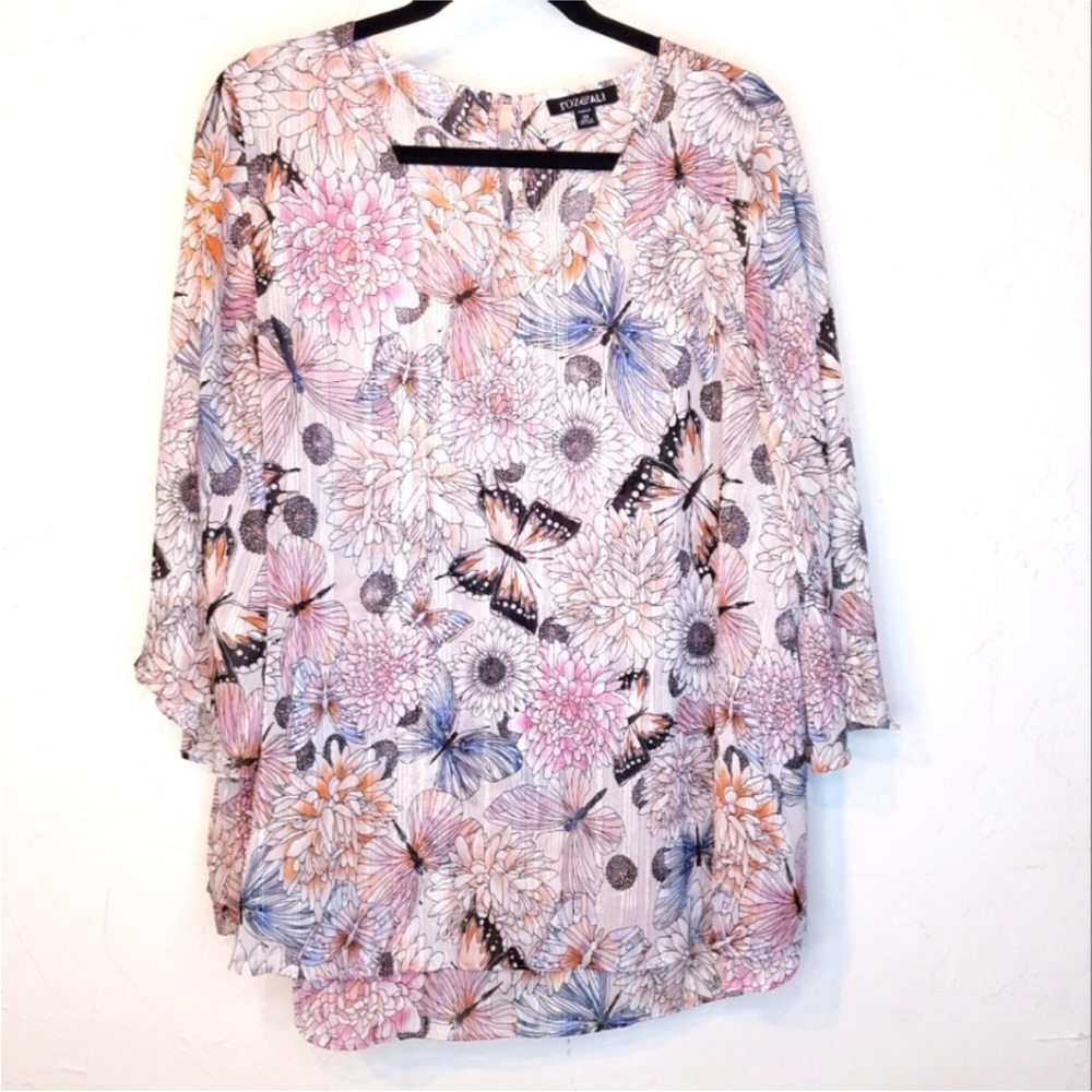Roz & Ali Butterfly and Floral Semi Sheer silver Threads Layer V-Neck Top SZ 2X